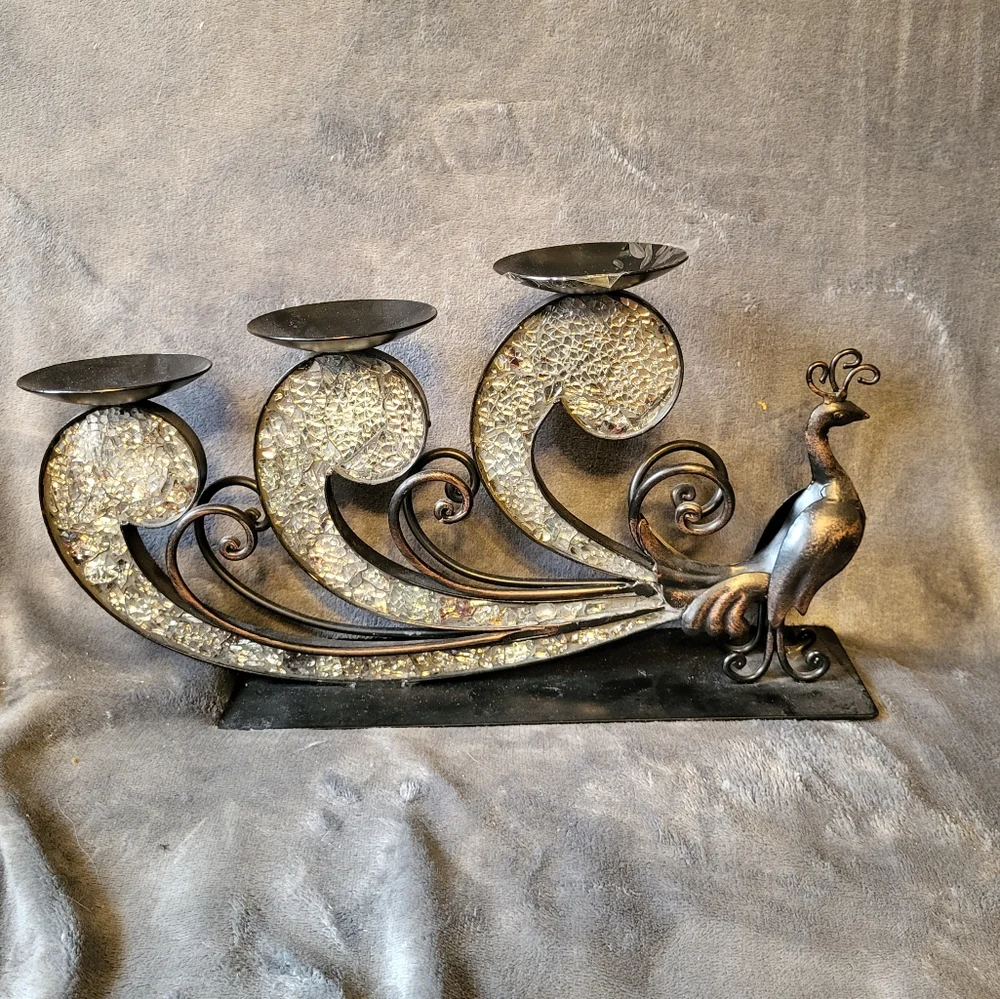 Pier 1 Black and Silver Peacock Candle Holder